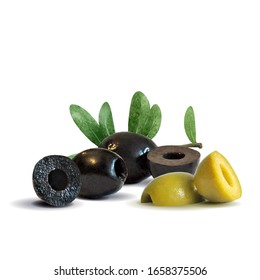 Green and black olives low poly. Wonderful antioxidant. Beautiful olives. Green and black olives in triangulation technique. Vector illustration.