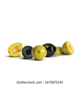 Green and black olives low poly. Wonderful antioxidant. Beautiful olives. Green and black olives in triangulation technique. Vector illustration.