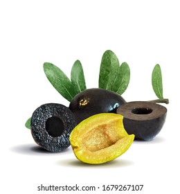 Green and black olives low poly. Wonderful antioxidant. Beautiful olives. Green and black olives in triangulation technique. Vector illustration.