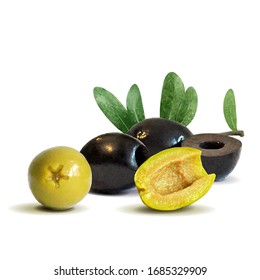 Grüne und schwarze Oliven, Low-Poly-Oliven. Wunderbares Antioxidans. Schöne Oliven. Grüne und schwarze Oliven in Triangulationstechnik. Vektorillustration.