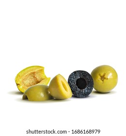 Green and black olives low poly. Wonderful antioxidant. Beautiful olives. Green and black olives in triangulation technique. Vector illustration.