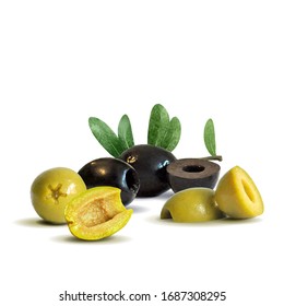 Green and black olives low poly. Wonderful antioxidant. Beautiful olives. Green and black olives in triangulation technique. Vector illustration.