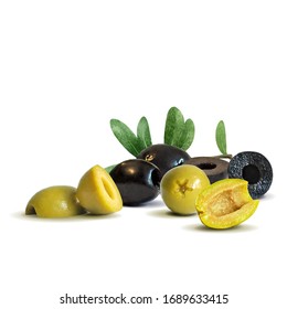 Aceitunas verdes y negras con poco polo. Maravilloso antioxidante. Hermosas aceitunas. Aceitunas verdes y negras en técnica de triangulación. Ilustración vectorial.
