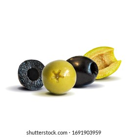 Grüne und schwarze Oliven, Low-Poly-Oliven. Wunderbares Antioxidans. Schöne Oliven. Grüne und schwarze Oliven in Triangulationstechnik. Vektorillustration.