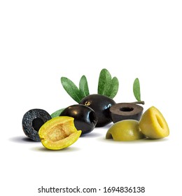 Aceitunas verdes y negras con poco polo. Maravilloso antioxidante. Hermosas aceitunas. Aceitunas verdes y negras en técnica de triangulación. Ilustración vectorial.
