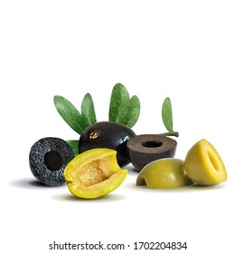 Green and black olives low poly. Wonderful antioxidant. Beautiful olives. Green and black olives in triangulation technique. Vector illustration.