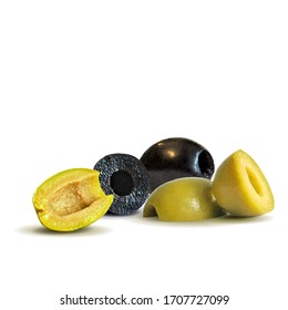 Green and black olives low poly. Wonderful antioxidant. Beautiful olives. Green and black olives in triangulation technique. Vector illustration.