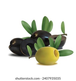 Green and black olives low poly. Wonderful antioxidant. Beautiful olives. Green and black olives in triangulation technique. Vector illustration.