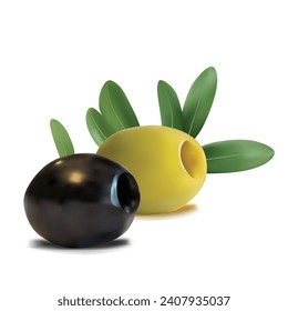 Green and black olives low poly. Wonderful antioxidant. Beautiful olives. Green and black olives in triangulation technique. Vector illustration.