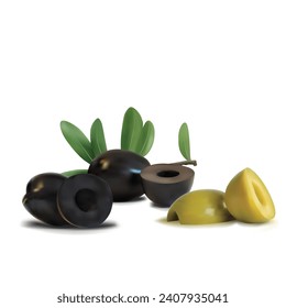 Green and black olives low poly. Wonderful antioxidant. Beautiful olives. Green and black olives in triangulation technique. Vector illustration.