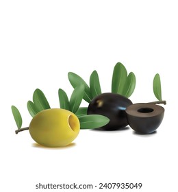 Grüne und schwarze Oliven, Low-Poly-Oliven. Wunderbares Antioxidans. Schöne Oliven. Grüne und schwarze Oliven in Triangulationstechnik. Vektorgrafik.