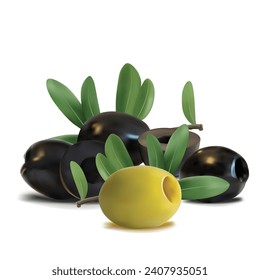 Green and black olives low poly. Wonderful antioxidant. Beautiful olives. Green and black olives in triangulation technique. Vector illustration.