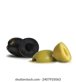 Green and black olives low poly. Wonderful antioxidant. Beautiful olives. Green and black olives in triangulation technique. Vector illustration.
