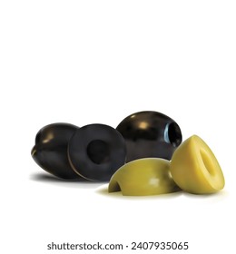 Green and black olives low poly. Wonderful antioxidant. Beautiful olives. Green and black olives in triangulation technique. Vector illustration.