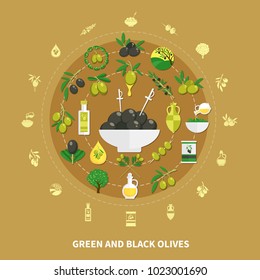 Green and black olives round composition on sand background with decorations, canned food and oil vector illustration 
