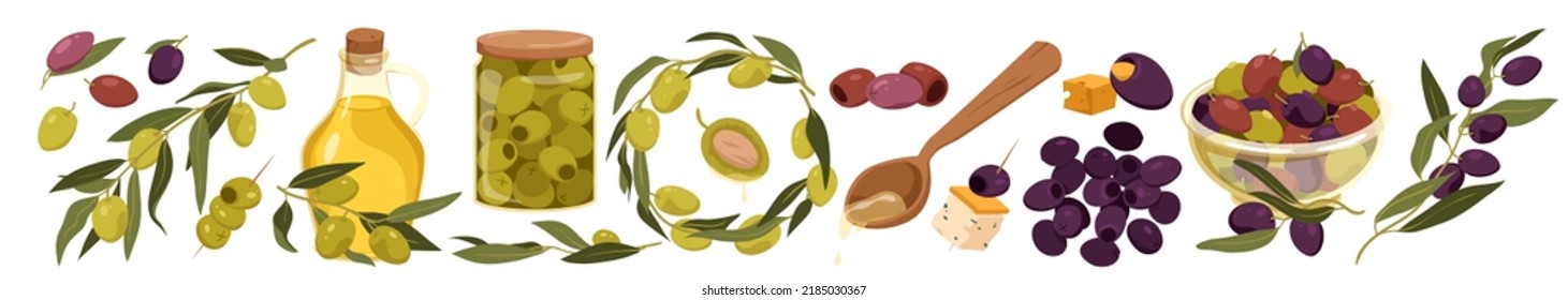 Green and black olives set vector illustration. Cartoon isolated branch and wreath with leaves and olives, glass jug and spoon with Mediterranean extra virgin oil, jar and bowl with pickled fruit