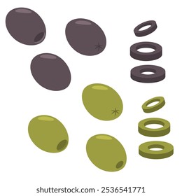 Green and black olives.Isolated on white background.Vector illustration.