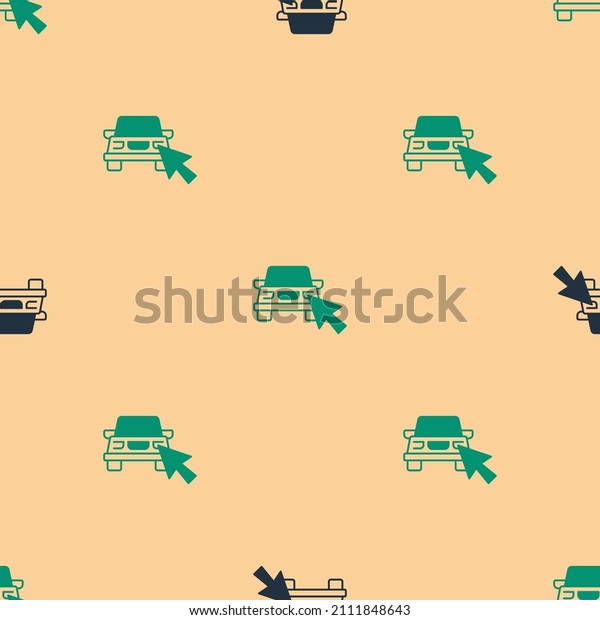 Green and black Online car\
sharing icon isolated seamless pattern on beige background. Online\
rental car service. Online booking design concept for laptop. \
Vector