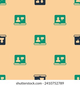 Green and black Online education and graduation icon isolated seamless pattern on beige background. Online teacher on monitor. Webinar and video seminar learning.  Vector