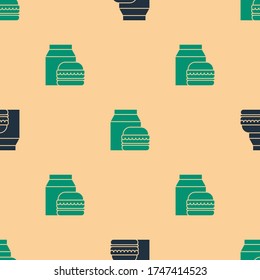 Green and black Online ordering and burger delivery icon isolated seamless pattern on beige background.  Vector Illustration