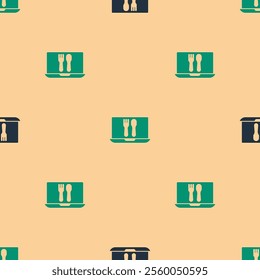 Green and black Online ordering and fast food delivery icon isolated seamless pattern on beige background.  Vector Illustration