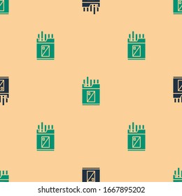 Green and black Open cigarettes pack box icon isolated seamless pattern on beige background. Cigarettes pack.  Vector Illustration