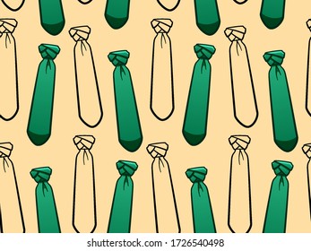 Green and black outline style neckties seamless pattern. Decoration for greeting card, wrapper and textile. Yellow background, vector.