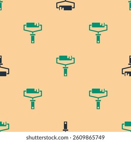 Green and black Paint roller brush icon isolated seamless pattern on beige background.  Vector