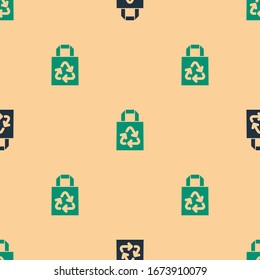 Green and black Paper shopping bag with recycle icon isolated seamless pattern on beige background. Bag with recycling symbol.  Vector Illustration