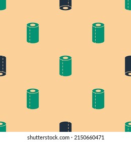 Green and black Paper towel roll icon isolated seamless pattern on beige background.  Vector