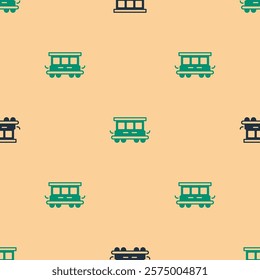 Green and black Passenger train cars toy icon isolated seamless pattern on beige background. Railway carriage.  Vector