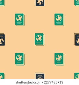 Green and black Passport with biometric data icon isolated seamless pattern on beige background. Identification Document.  Vector