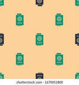 Green and black Passport with ticket icon isolated seamless pattern on beige background. Identification Document. Concept travel and tourism.  Vector Illustration