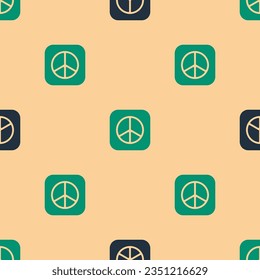 Green and black Peace icon isolated seamless pattern on beige background. Hippie symbol of peace.  Vector