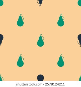 Green and black Pear icon isolated seamless pattern on beige background. Fruit with leaf symbol.  Vector