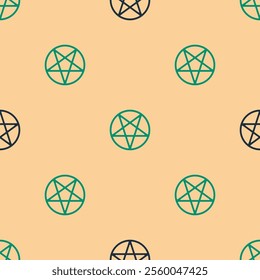 Green and black Pentagram in a circle icon isolated seamless pattern on beige background. Magic occult star symbol.  Vector