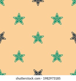 Green and black Pentagram icon isolated seamless pattern on beige background. Magic occult star symbol.  Vector