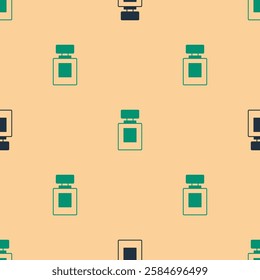 Green and black Perfume icon isolated seamless pattern on beige background.  Vector