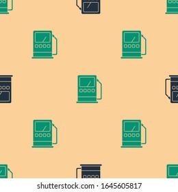 Green and black Petrol or gas station icon isolated seamless pattern on beige background. Car fuel symbol. Gasoline pump.  Vector Illustration