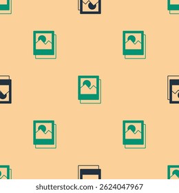 Green and black Photo icon isolated seamless pattern on beige background.  Vector