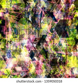 Green, black, pink, yellow seamless pattern with fabric texture. Abstract vector background for web page, banners backdrop, fabric, home decor, wrapping