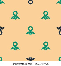 Green and black Placeholder on map paper in perspective icon isolated seamless pattern on beige background.  Vector Illustration