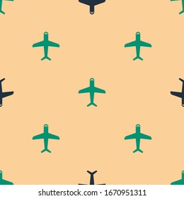 Green and black Plane icon isolated seamless pattern on beige background. Flying airplane icon. Airliner sign.  Vector Illustration