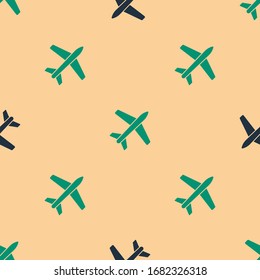 Green und schwarz Pane Symbol einzeln auf beigem Hintergrund. Flugzeugsymbol. Airliner-Zeichen. Vektorgrafik
