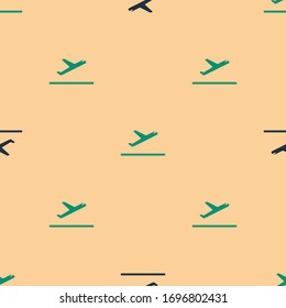 Green and black Plane takeoff icon isolated seamless pattern on beige background. Airplane transport symbol.  Vector Illustration