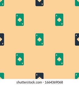 Green and black Playing card with spades symbol icon isolated seamless pattern on beige background. Casino gambling.  Vector Illustration