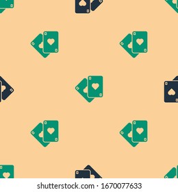 Green and black Playing cards icon isolated seamless pattern on beige background. Casino gambling.  Vector Illustration