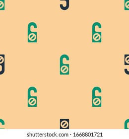 Green and black Please do not disturb icon isolated seamless pattern on beige background. Hotel Door Hanger Tags.  Vector Illustration