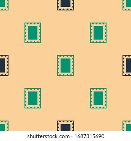 Green and black Postal stamp icon isolated seamless pattern on beige background.  Vector Illustration