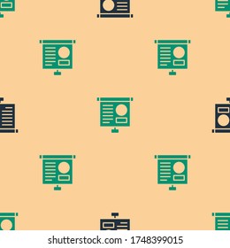Green and black Presentation board with graph, schedule, chart, diagram, infographic, pie graph icon isolated seamless pattern on beige background.  Vector Illustration